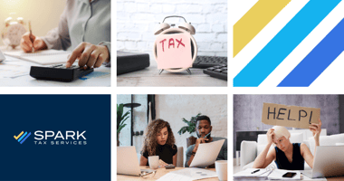 A collage of tax-related images, including a person using a calculator, a clock with a "TAX" sticky note, stressed taxpayers, and the Spark Tax Services logo, symbolizing expert tax solutions and financial relief.